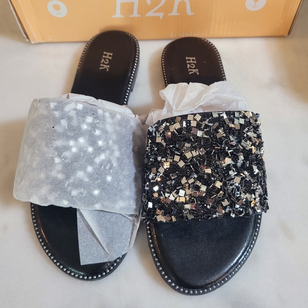 H2K Womens Glitter Bling Fancy Slide Flat Low Wedge Sparkle Sandals Shoes Dream